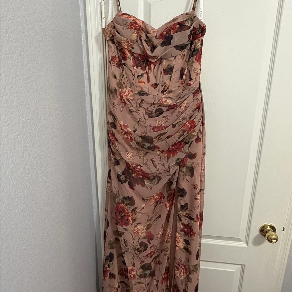 Azazie Floral Maxi Dress in Red and Brown